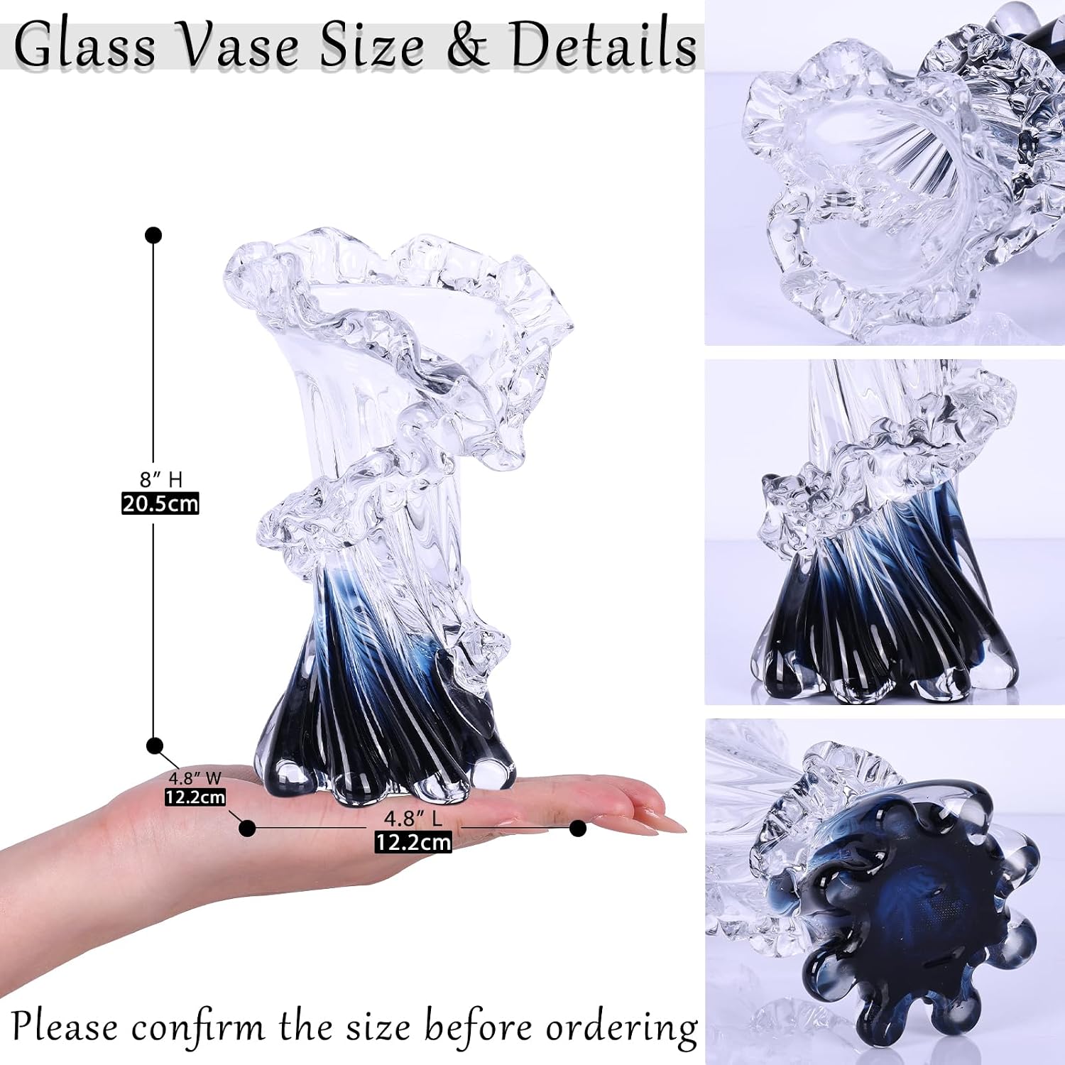Hand Blown Blue Glass Vase, Unique Art Beautiful Ocean Glass Vase for Coastal Home Decor, Coffee Table, Living Room, Office Decor - 8" H
