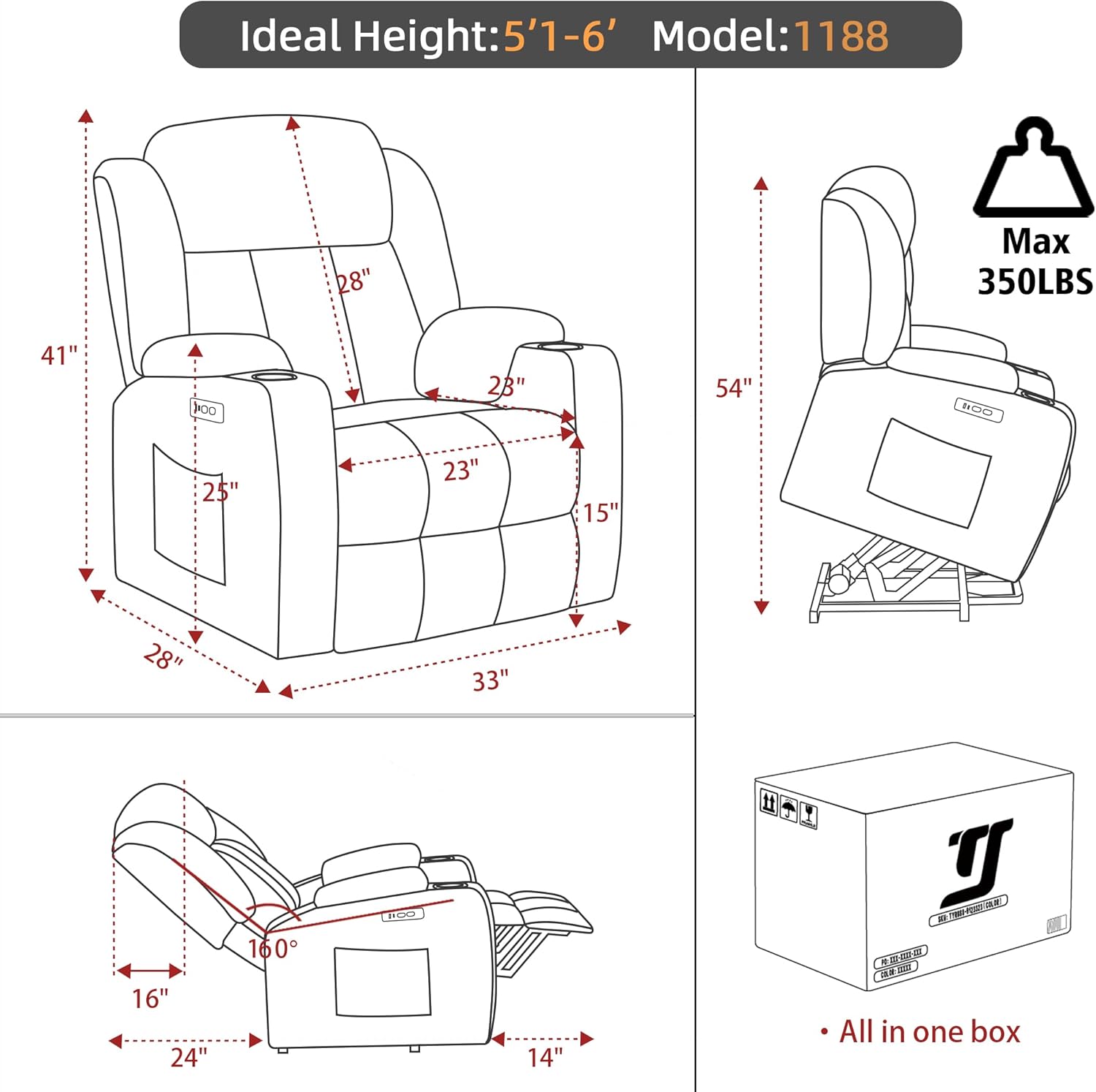 Power Lift Recliner Chair for Elderly with Massage and Heat, Recliner Chairs for Adults, Upgraded Fabric Reclining Sofa Chair with USB & Type-C Ports, L1288 (Blue)