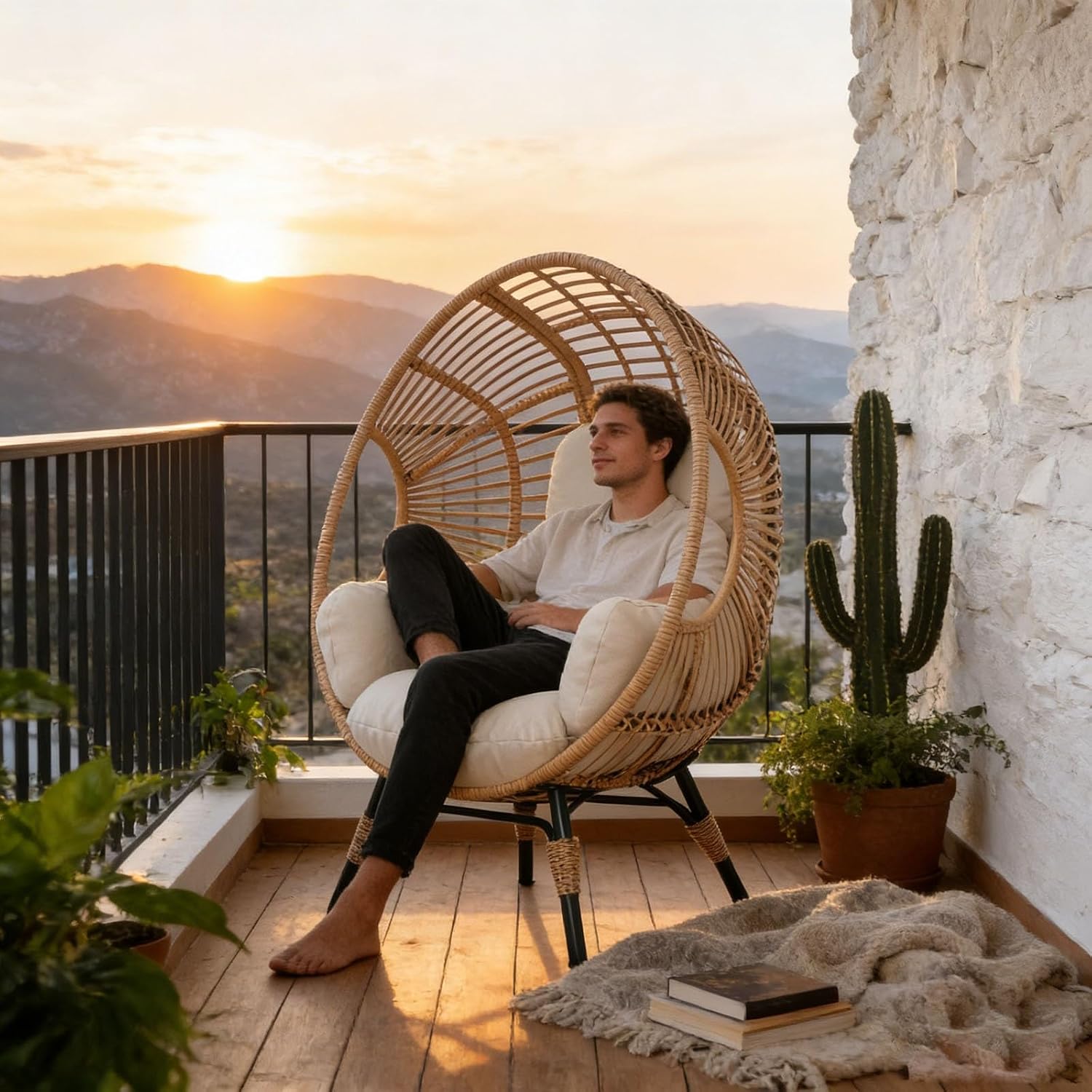 Wicker Egg Chair Indoor Outdoor, 400lbs Capacity, Plush Pill-Resistant Fabric, Removable Cover Balcony Chairs(Natural)