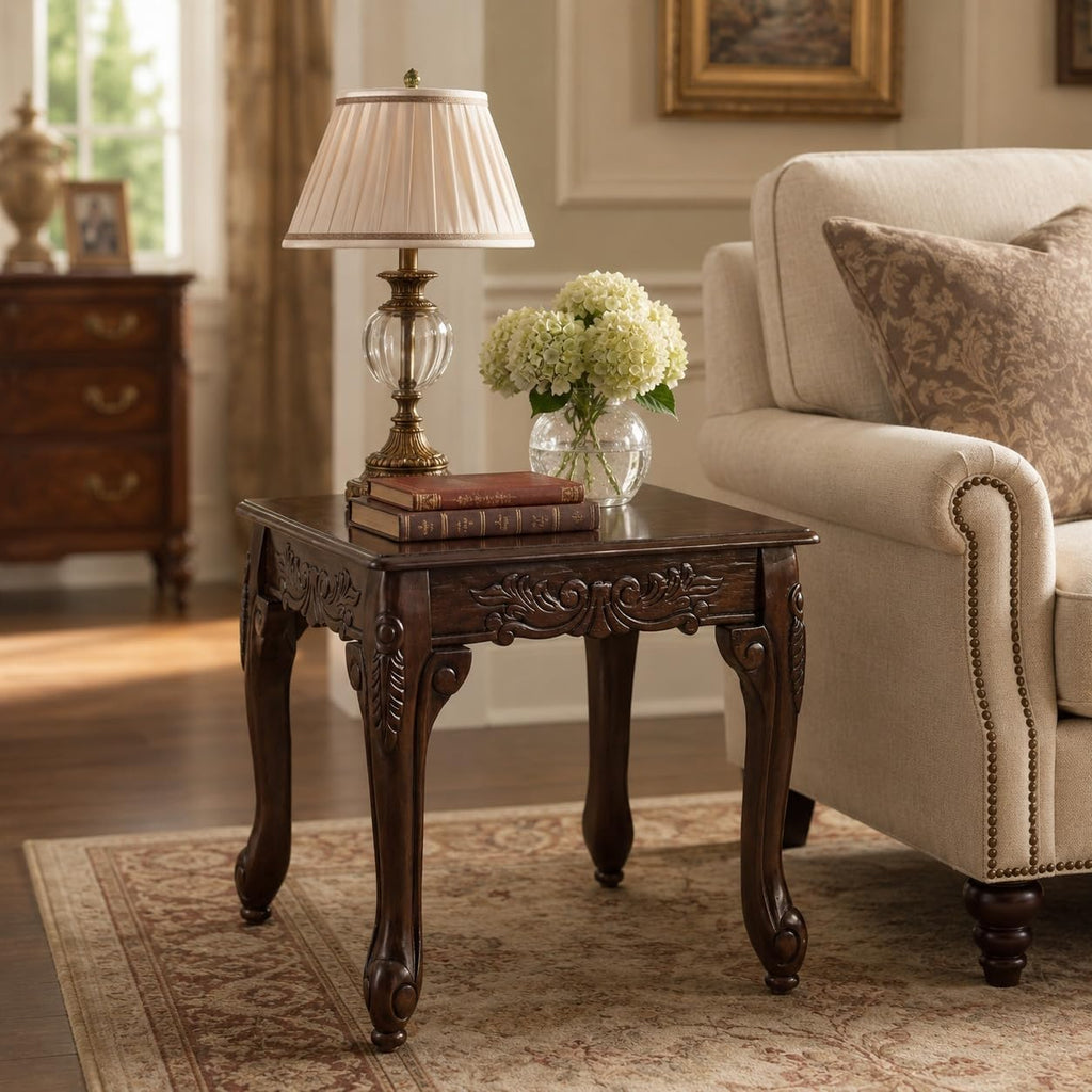 Traditional Dark Cherry Wood End Table with Claw Feet Ornate Vintage Side Table for Living Room Bedroom Sofa Side Accent Table Classic Furniture