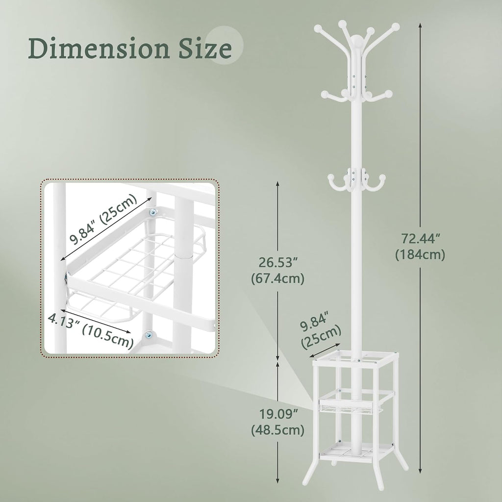 FAVOOSTY Coat Rack Freestanding,Coat Rack Stand with Umbrella Holder,Metal Coat Tree with 12 Hooks,Tree Clothes Hat for Entryway, Hallway, Bedroom, Living Room & Office -White