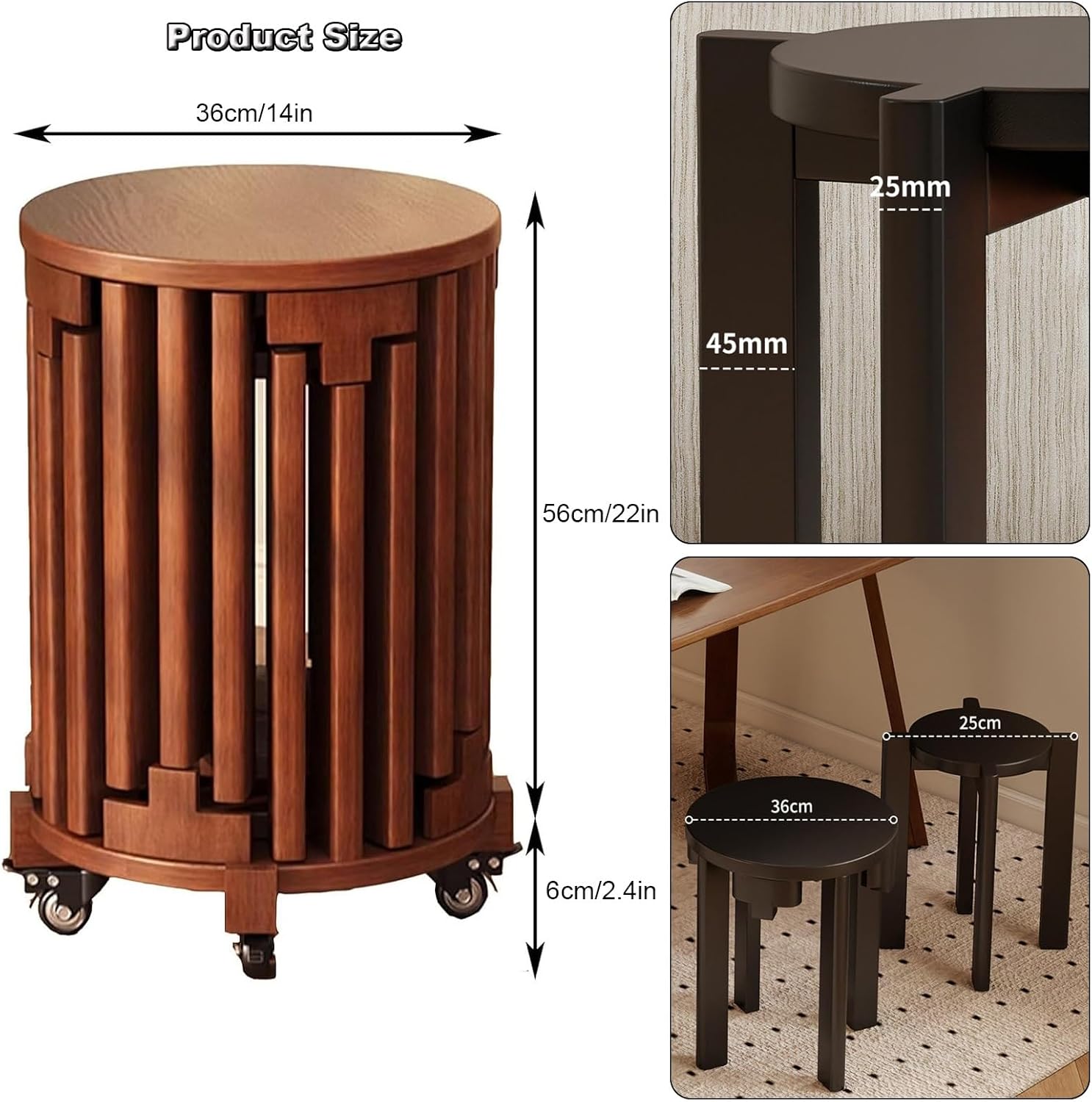 Stackable Stools Set of 6, Round Wooden Stools Nesting Side Tables with Locking Casters, 360°Swivel Versatile Coffe Table for Living Room,Office(Walnut)