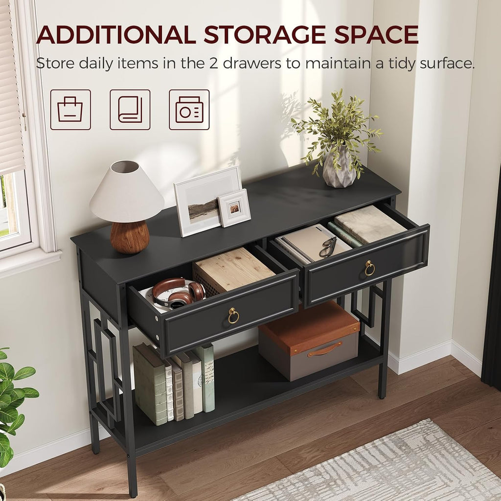 MAHANCRIS Console Table with 2 Drawers, Entryway Table with Storage Shelf, Entrance Accent Tables, 2-Tier Narrow Hallway Table, Behind Couch Table, for Entryway, Living Room, Hallway, Black CTBK6101