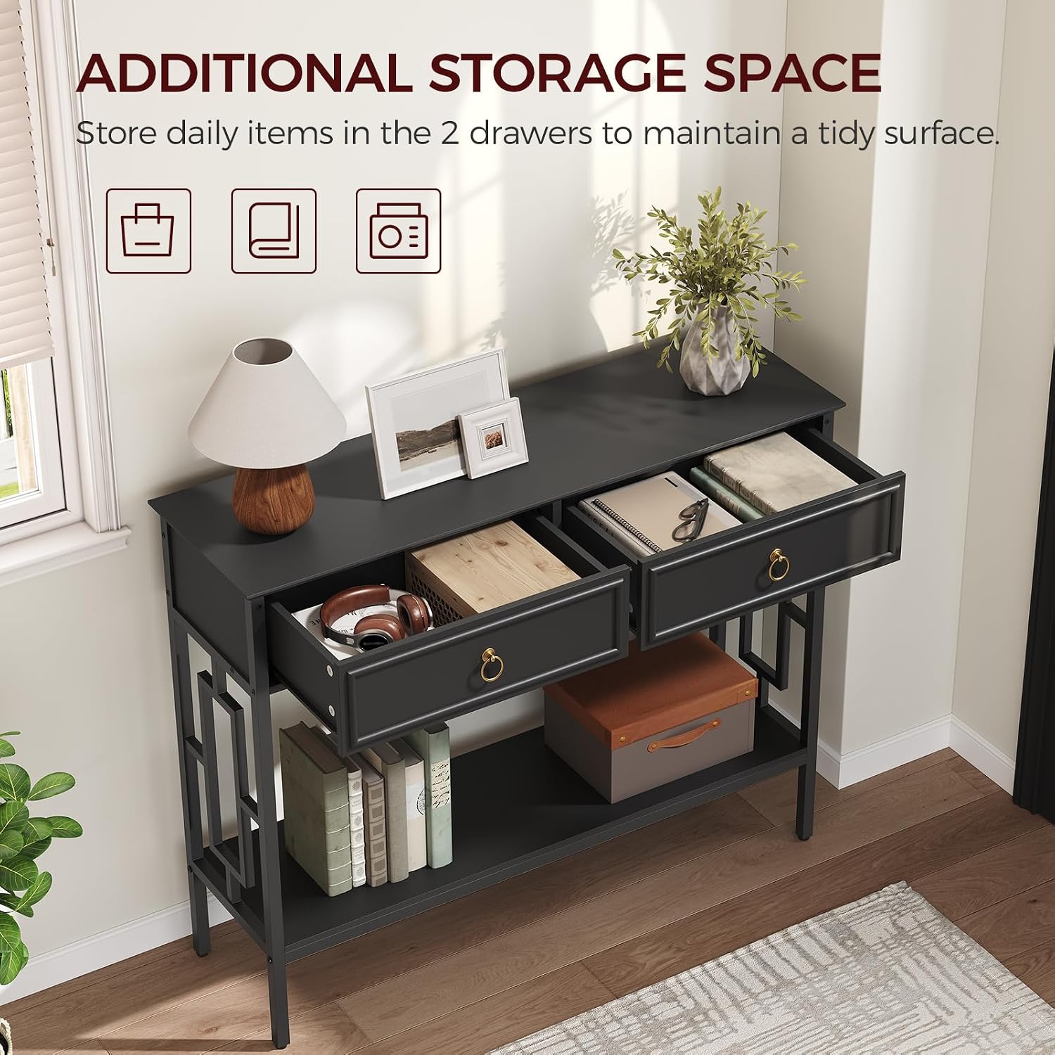 MAHANCRIS Console Table with 2 Drawers, Entryway Table with Storage Shelf, Entrance Accent Tables, 2-Tier Narrow Hallway Table, Behind Couch Table, for Entryway, Living Room, Hallway, Black CTBK6101