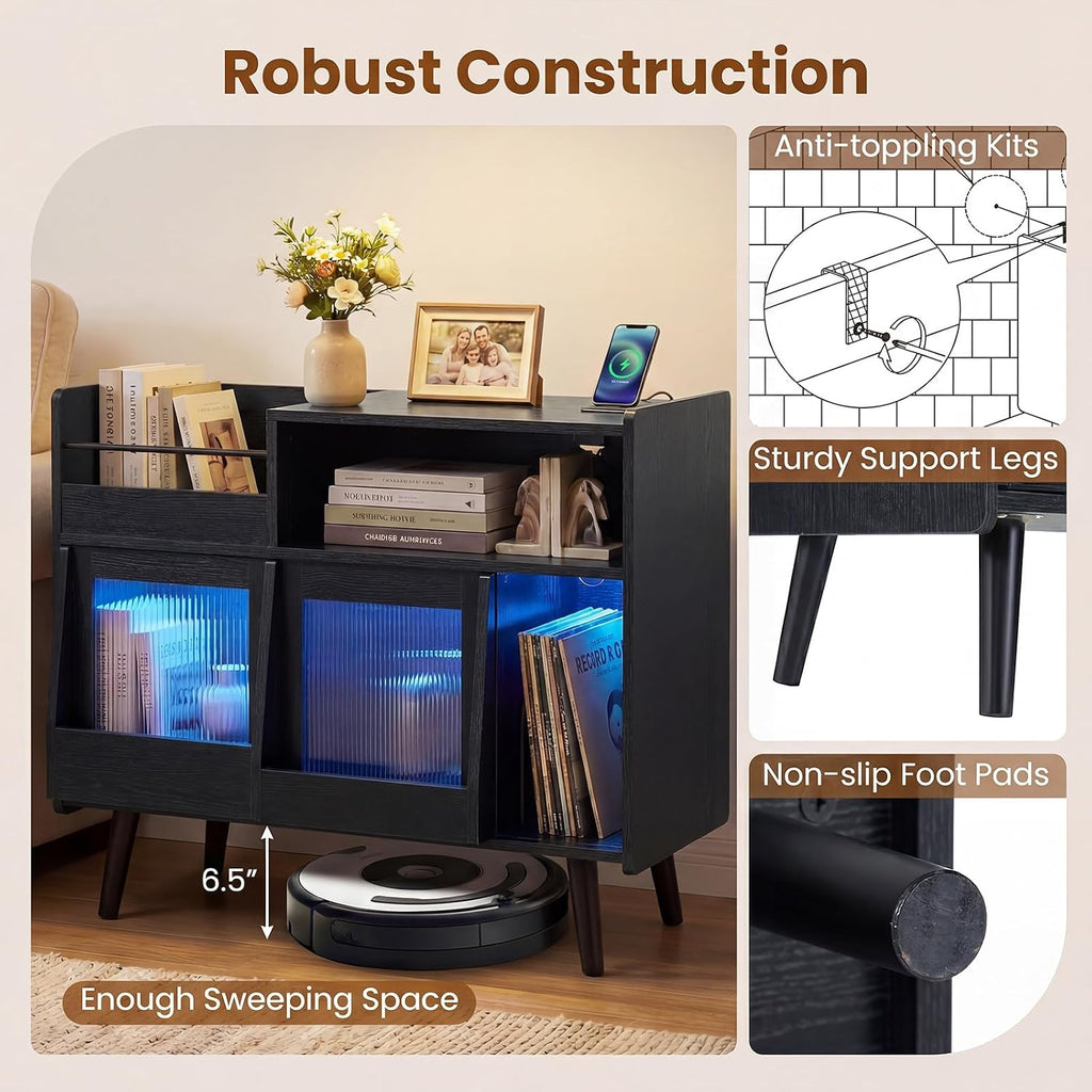Giantex Large Record Player Stand with LED Light, Mid Century Modern Turntable Stand w/Sliding Door, Charging Station & Plastic Leg, Record Player Table, Vinyl Record Storage for Living Room (Black)