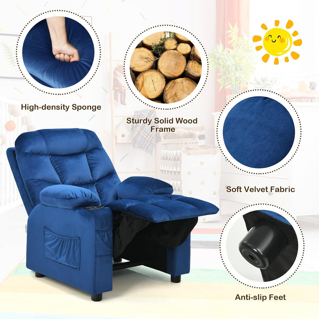 GLACER Kids Recliner, Velvet Adjustable Toddler Lounge Chair w/Cup Holder, Footrest, Lumbar Support, Armrests, Side Pockets, Kids Recliner Chairs for Boys Girls Age 3+ (Blue)