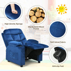 GLACER Kids Recliner, Velvet Adjustable Toddler Lounge Chair w/Cup Holder, Footrest, Lumbar Support, Armrests, Side Pockets, Kids Recliner Chairs for Boys Girls Age 3+ (Blue)