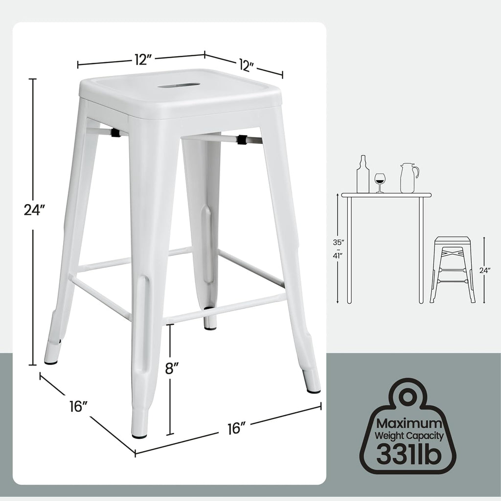 Yaheetech 24 Inch Metal Barstools Set of 4, Counter Height Backless Stools, Industrial Stackable Bar Chairs with Footrest for Kitchen/Dining Room/Bistro/Patio, White