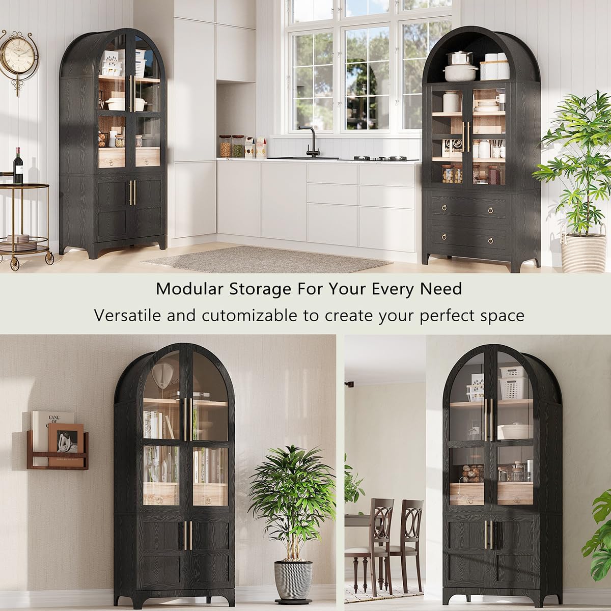 71" Tall Arched Kitchen Pantry with Door Shelves and Hidden Drawer, Arched Kitchen Storage Cabinet with Open & Adjustable Shelves, Cupboard with Glass Door, Bookshelf Bookcase (Black)