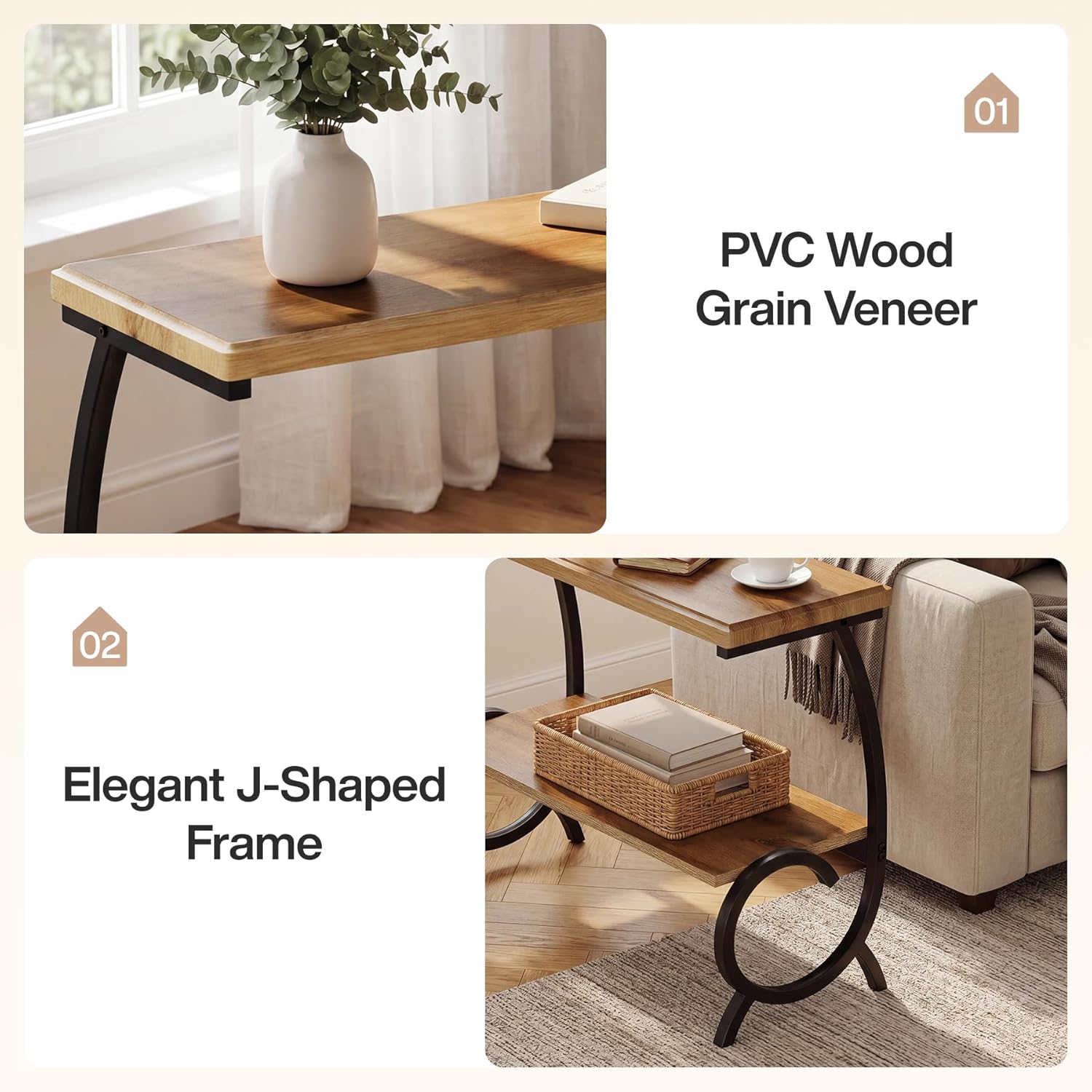 Tribesigns 2-Tier End Table, Narrow Couch Side Table with J-Shaped Metal Legs, Farmhouse Side Table for Couch, Wooden Bedside Nightstand for Living Room, Bedroom, Brown & Black