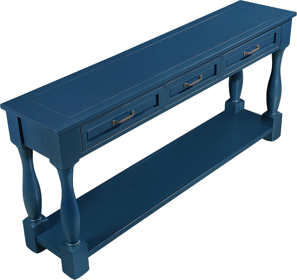 Merax Console Table with 4 Drawers, Retro Entryway Table with Open Storage Shelf for Entryway, Wood Side Table with Thick Legs for Living Room Bedroom, Navy Blue