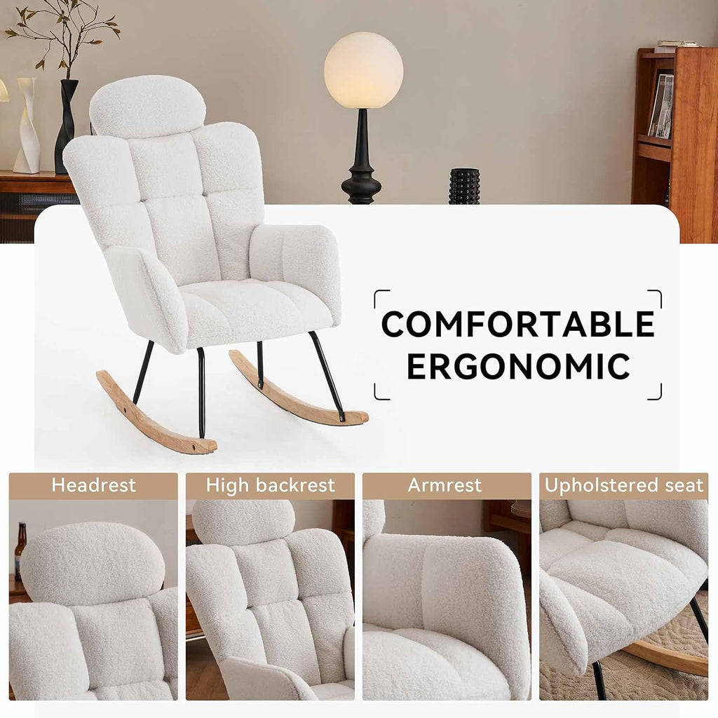 Nursery Rocking Chair - Teddy Fabric Upholstered Glider Rocking Chair with High Backrest & Pillow for Living Room & Bedroom - Easy Assembly Wood/Metal Base (Ivory)