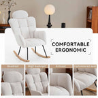 Nursery Rocking Chair - Teddy Fabric Upholstered Glider Rocking Chair with High Backrest & Pillow for Living Room & Bedroom - Easy Assembly Wood/Metal Base (Ivory)