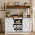4ever2buy Farmhouse Coffee Bar with Hutch, Coffee Bar with Storage & 6 Hooks, 47 Inch Bar Cabinet with Sliding Barn Door and Adjustable Shelves for Living Room Kitchen, White