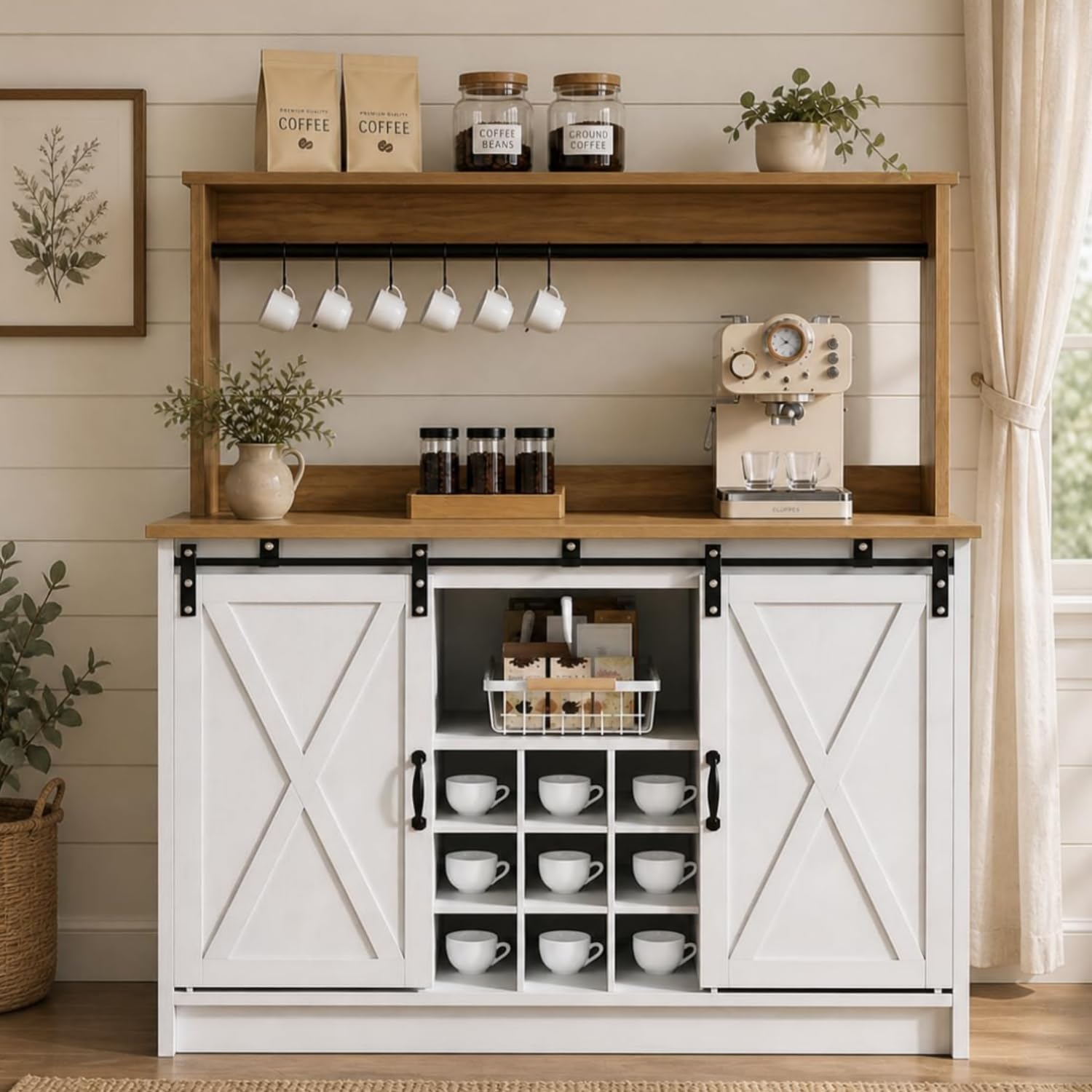 4ever2buy Farmhouse Coffee Bar with Hutch, Coffee Bar with Storage & 6 Hooks, 47 Inch Bar Cabinet with Sliding Barn Door and Adjustable Shelves for Living Room Kitchen, White