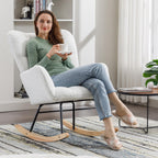 FOXHUNTER Rocking Chair Nursery Teddy Upholstered Glider Rocker High Backrest Nursery Rocker Comfortable Stylish Accent Armchair for Living Rooms Bedrooms Offices (Teddy Ivory)