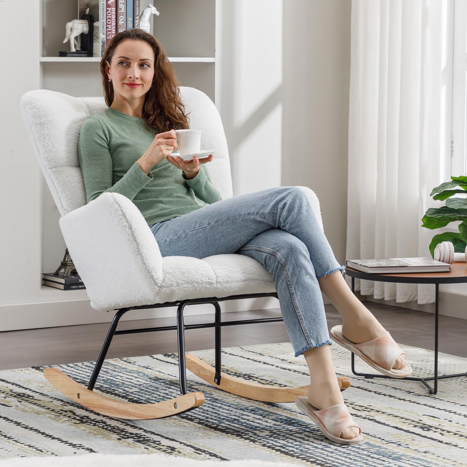 FOXHUNTER Rocking Chair Nursery Teddy Upholstered Glider Rocker High Backrest Nursery Rocker Comfortable Stylish Accent Armchair for Living Rooms Bedrooms Offices (Teddy Ivory)
