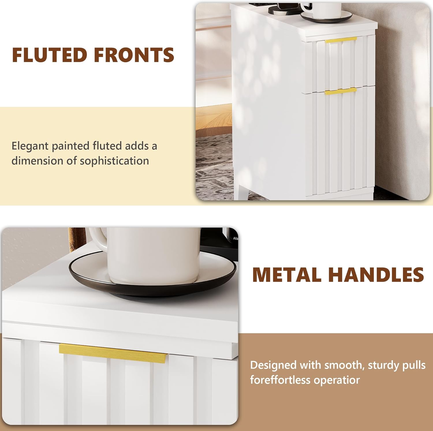 LAZZO End Tables Living Room Set of 2 Narrow End Table 7.9" Nightstands Set of 2 Modern Fluted Front Bedside Tables with 2 Drawers and Charging Station for Living Room, Bedroom, Small Space White