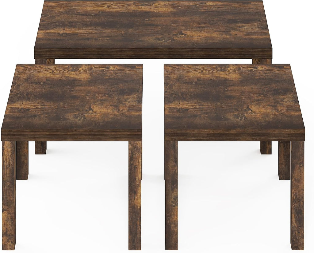 Furinno Classic Living Room Table Set of 3, Modern Rectangle Coffee Table with 2 Square Side Tables, End Tables, 1.8 Inch Thick Tabletop for Living Room, Home Office, Amber Pine