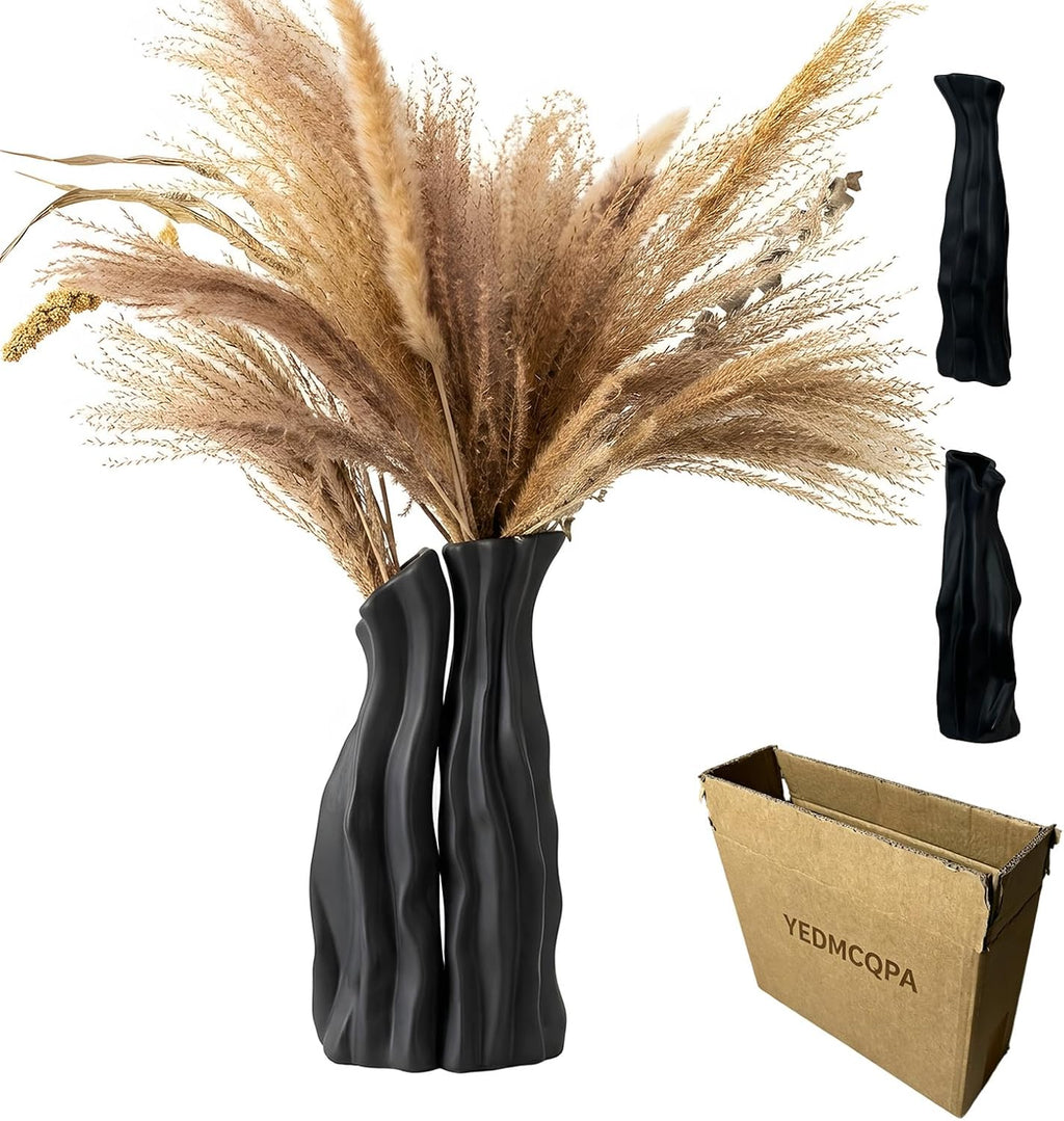 Modular Rockery Art Vase Set of 2, Separatable Centerpiece Table Decorations - 11" Tall Matte Black Ceramic Vases for Flowers, Pampas Grass, Modern Nordic Boho Home Decor (Black)