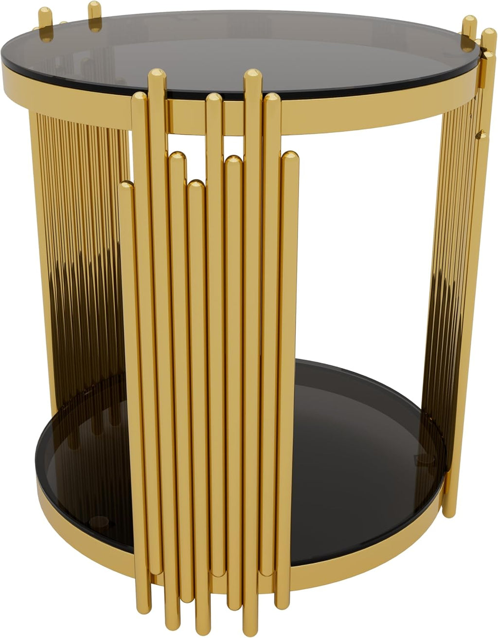 19.8" Round End Table with Gold Finish & Lower Shelf, Modern Black Mirror End Table with Asymmetrical Metal Frame for Living Room (Black,1)
