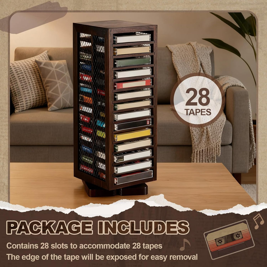 Ripeng Cassette Tape Holder, 28 Capacity 360° Rotating Double Sided Storage Rack, Rustic Brown Metal & Wood Display Shelf for Home, Music Studio