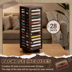 Ripeng Cassette Tape Holder, 28 Capacity 360° Rotating Double Sided Storage Rack, Rustic Brown Metal & Wood Display Shelf for Home, Music Studio