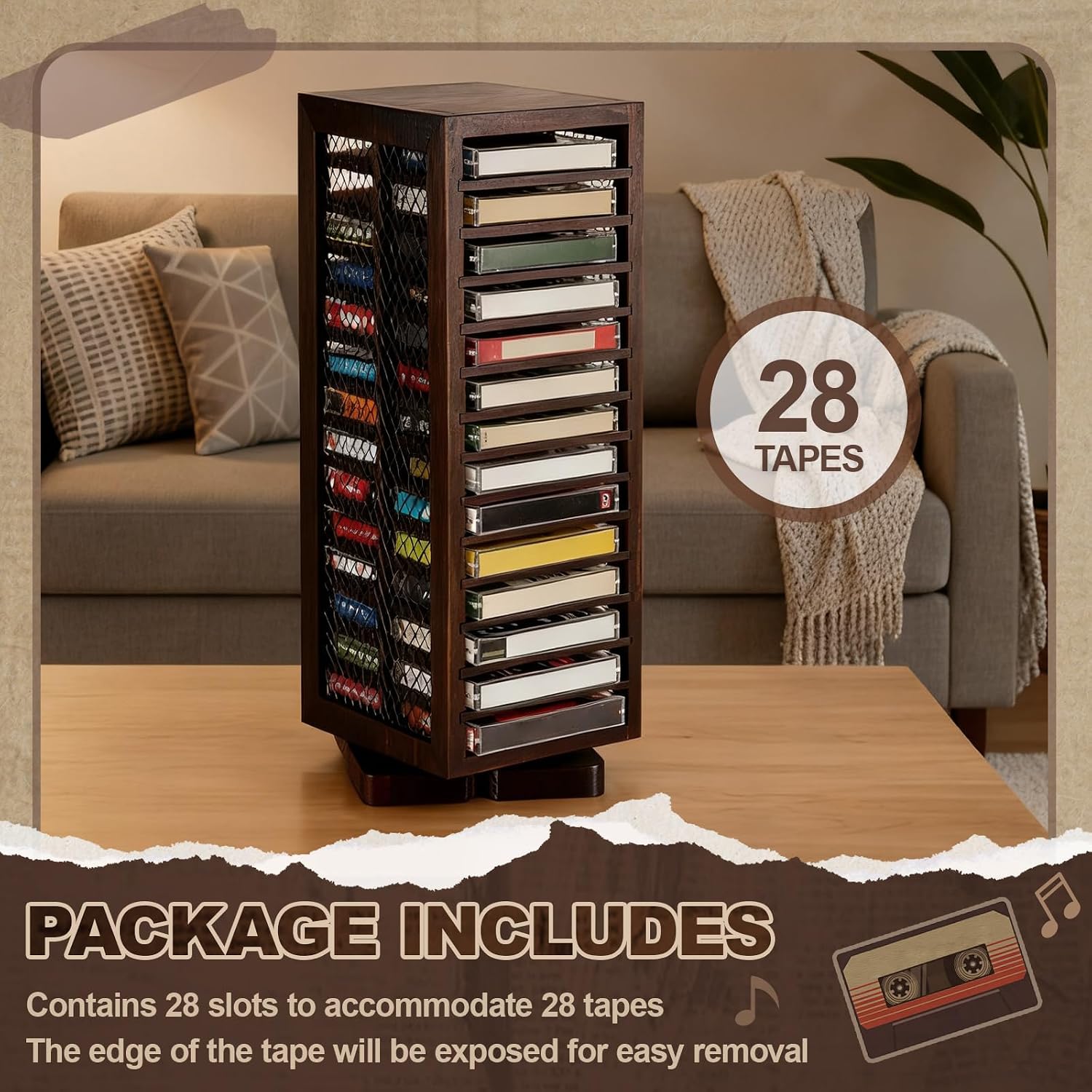 Ripeng Cassette Tape Holder, 28 Capacity 360° Rotating Double Sided Storage Rack, Rustic Brown Metal & Wood Display Shelf for Home, Music Studio