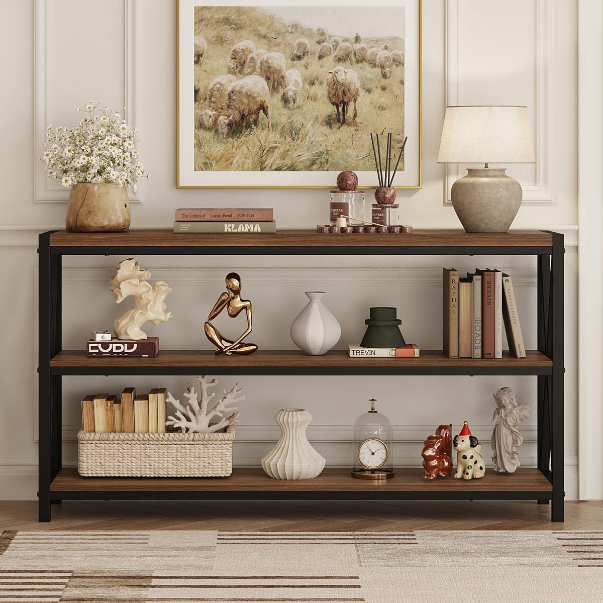 FATORRI Console Table for Entryway, 55 Inch Modern Entry Table with 3 Tier Shelves, Couch Tables Behind Sofa for Living Room (Medium Walnut)
