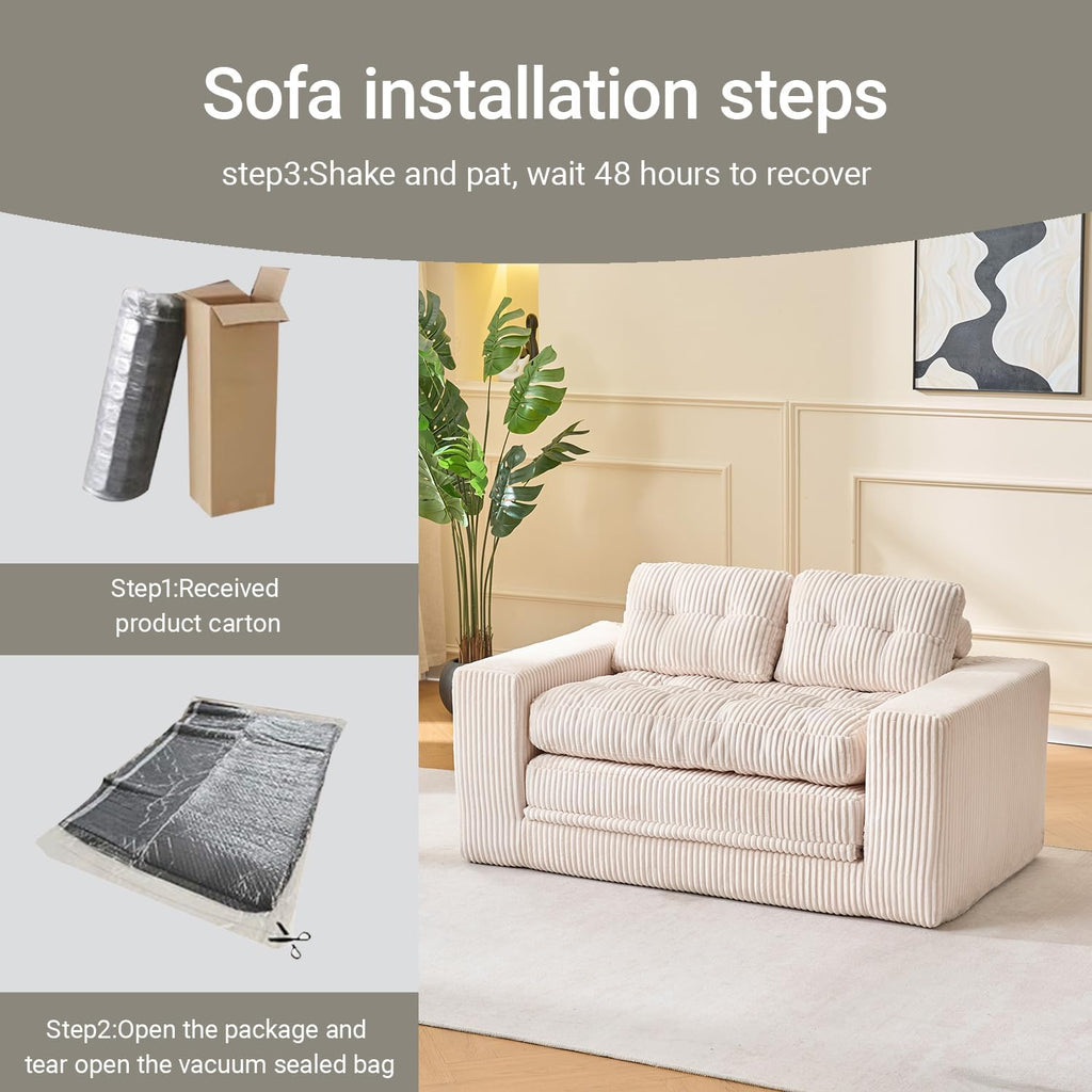 Fefances 55.1”Boneless Sofa Bed, 2-in-1 Convertible Loveseat & Folding Futon Couch, Small Space-Saving Design with Corduroy Fabric, for Living Room, Bedroom, Studio Apartment - Beige