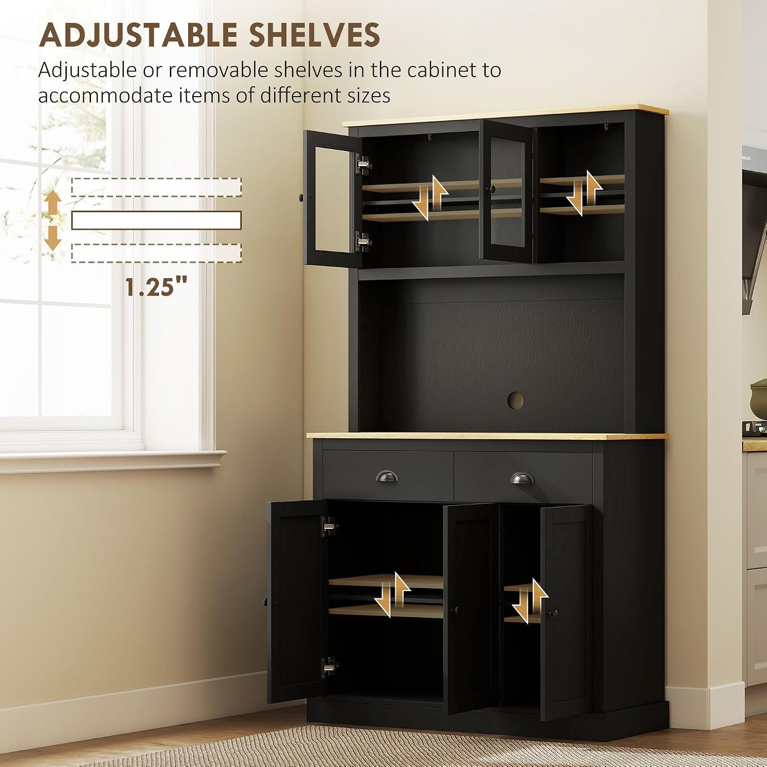 71in Freestanding Pantry Storage Cabinet with Functional Wide Countertop Area, Adjustable Shelves Variation, Black Professional Finish