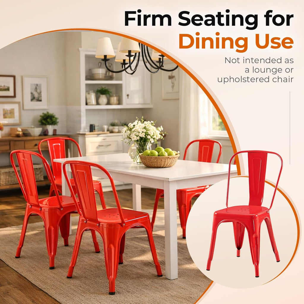 Set of 8 Salsa Red Metal Dining Chairs, Bold Stackable Kitchen Chairs, Industrial Steel Side Chairs for Indoor Restaurant & Cafe