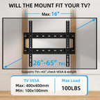 HOME VISION TV Wall Mount Fixed for Most 26-65 Inch Flat/Curved TVs with Max VESA 400X400mm up to 99Lbs Fits 16 Inch Wood Studs, Universal Low Profile Wall Mount TV Bracket, Space Saving HV8401