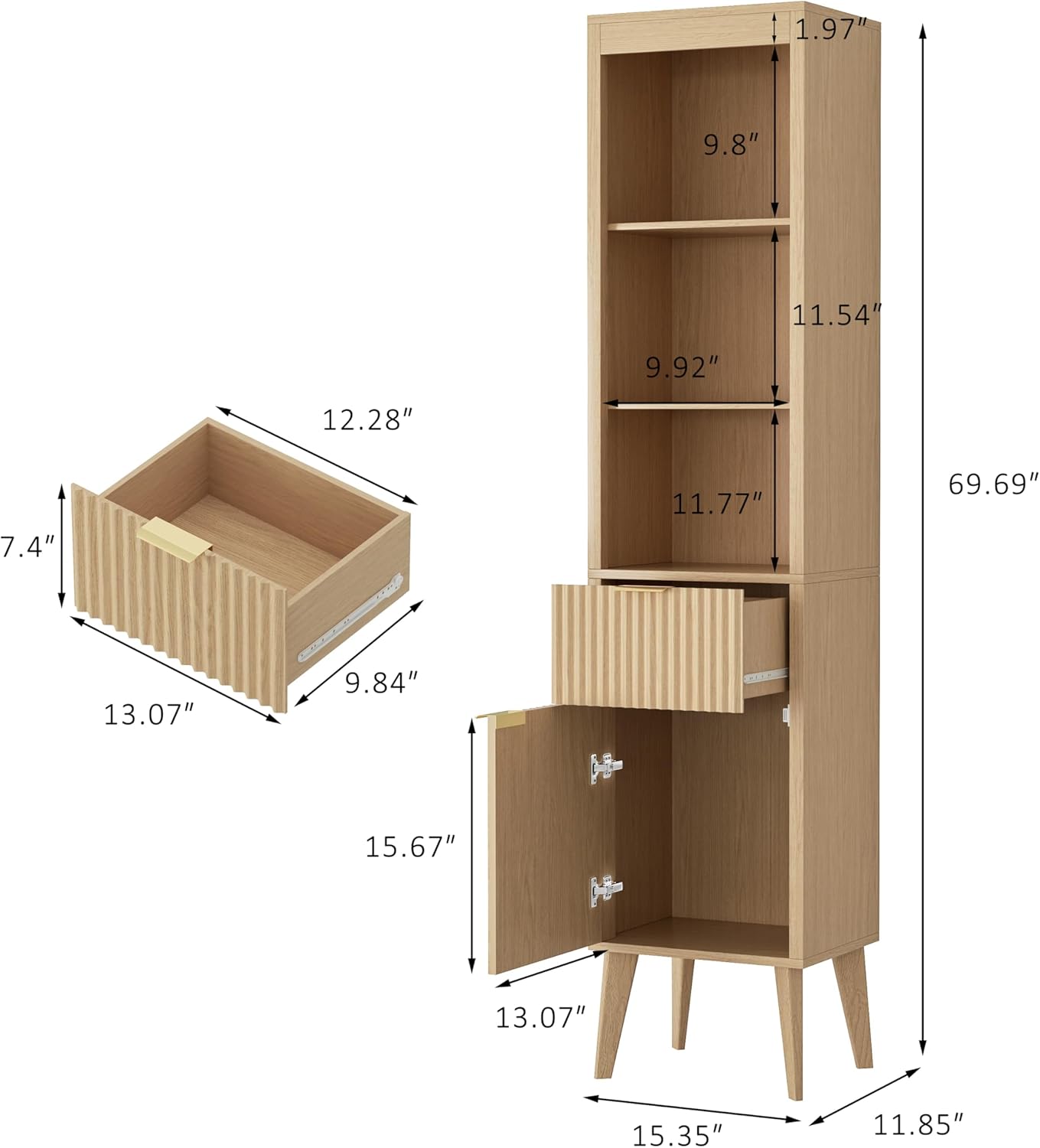 70" H Tall Storage Cabinet, Fluted Freestanding Floor Organizer for Bathroom, Kitchen Pantry, Utility Room, w/Drawer & Adjustable Shelves, Modern Accent in Natural Wood