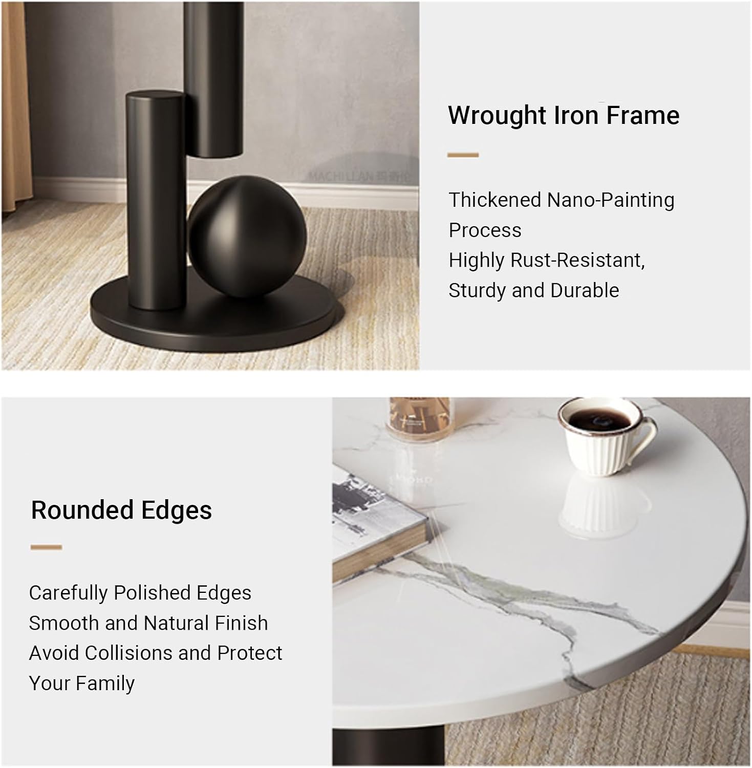 Small Round Marble Sofa Side Table, Creative Mini Leisure Accent End Table, Stone Countertop and Metal Base, Rounded Corners, for Living Room, Bedroom, Indoor(Black B,40 * 55CM/15.7 * 21.7IN)