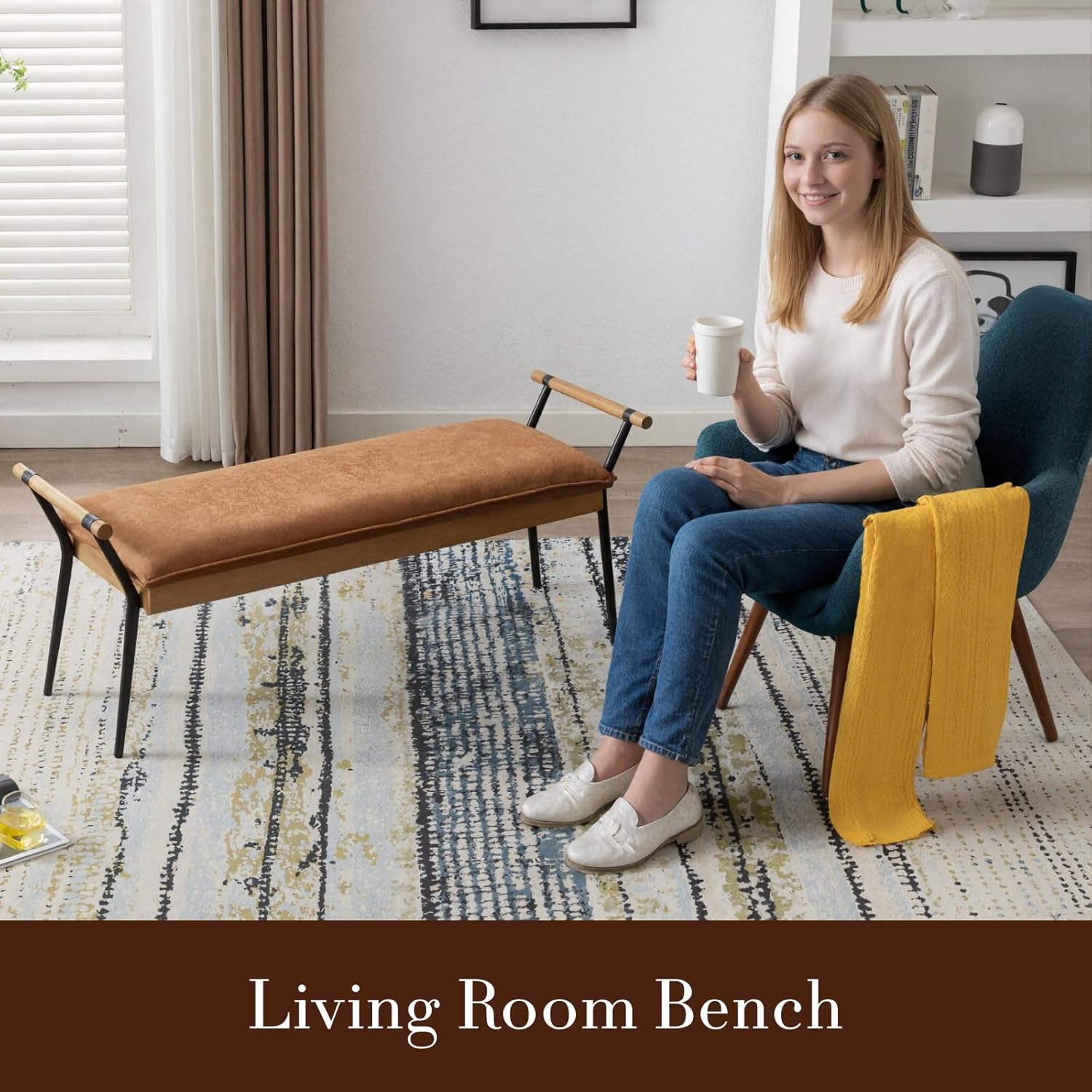HEAH-YO Modern Dining Bench, 51 Inches Entryway Bench with Armrests, Upholstered PU Leather End of Bench for Bedroom, Brown