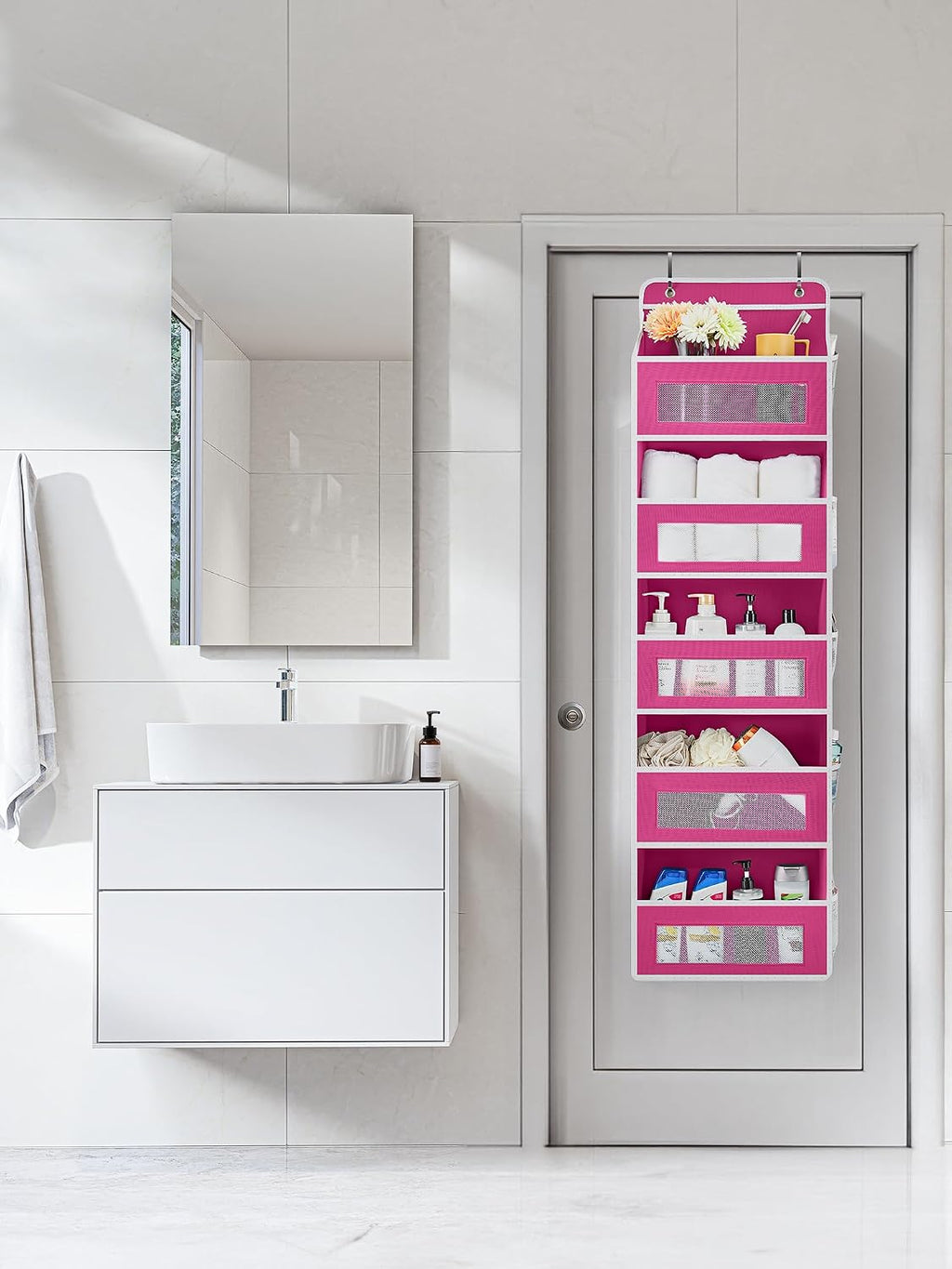 JARLINK Over The Door Organizer Storage, 5 Shelf Hanging Door Organizer with 5 Large Capacity Pockets, Anti Tilt 44 lb Load Behind Door Storage for Bedroom, Bathroom, Pantry, Nursery, Rose Pink