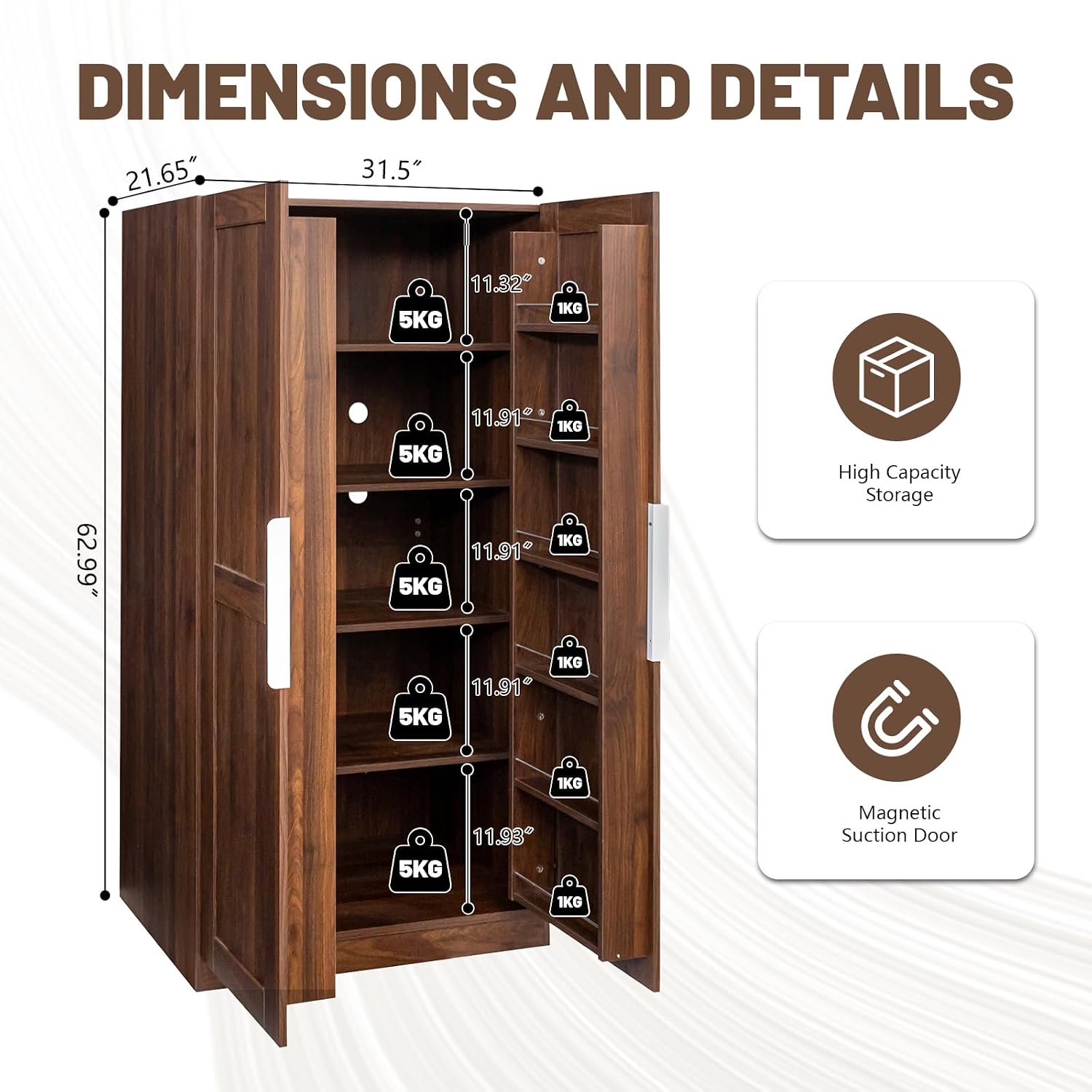 62.99'' Walnut Kitchen Pantry Cabinet Tall Freestanding Pantry Storage Cabinet with Doors and Shelves Buffet Cupboards Sideboard Tall Kitchen Pantry Storage Cabinets Food Pantry for Living Room