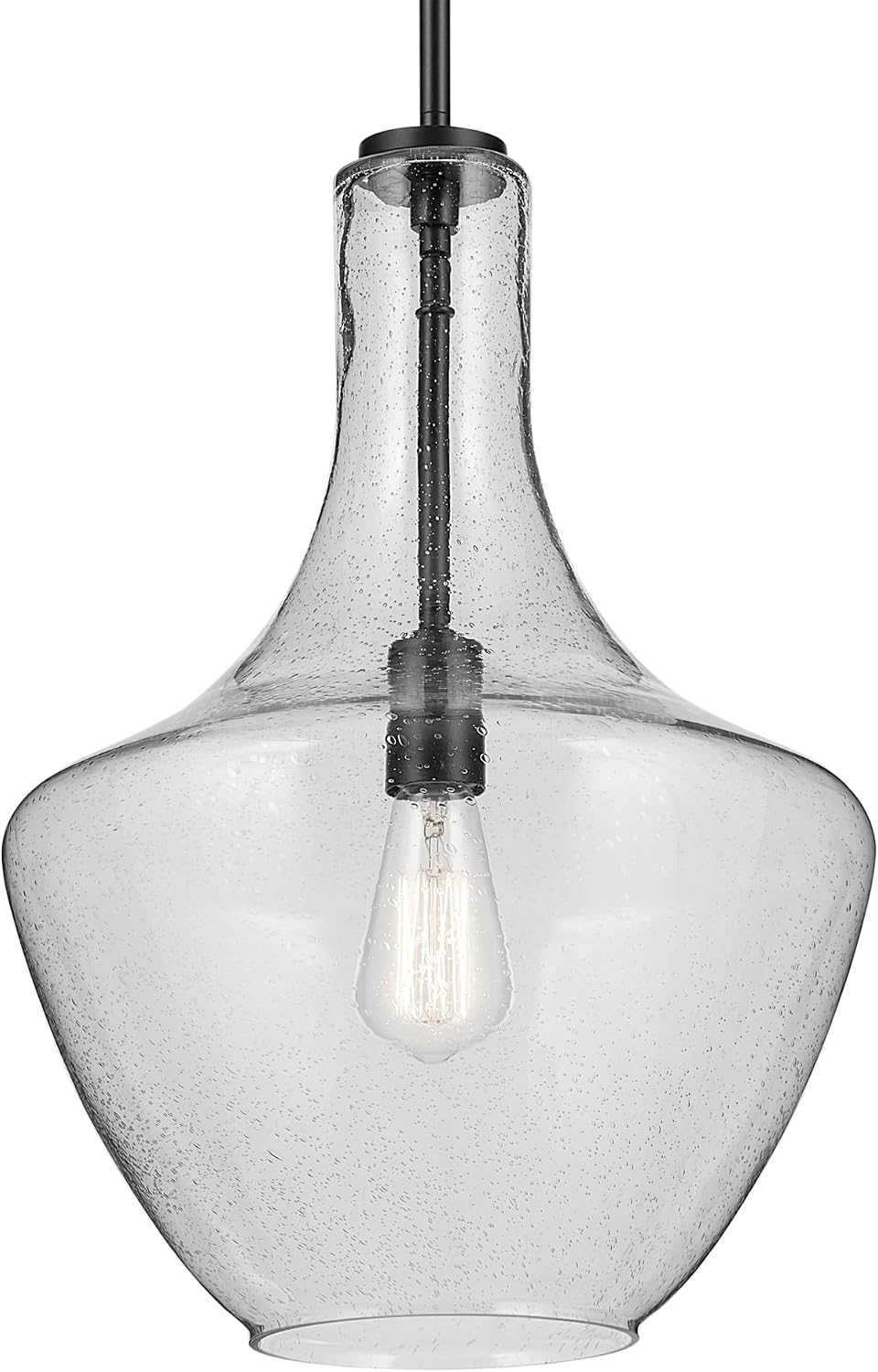 Kichler Everly 1-Light Bell Pendant Light Fixture with Clear Seeded Glass in Black for Kitchen Island, Dining Room, Bedroom, Modern Hanging Light (19.75" x 13.75"), 42046BKCS