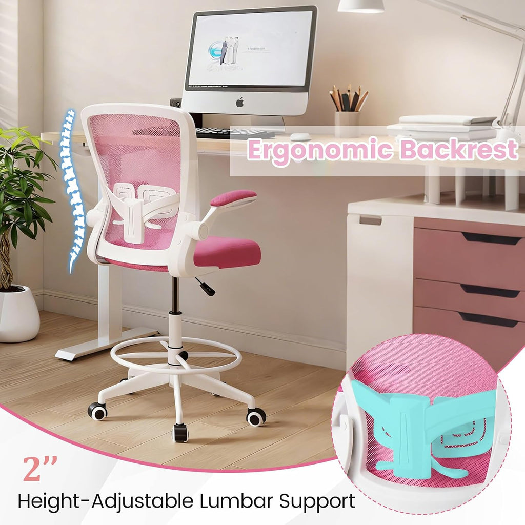 COSTWAY Drafting Chair, Tall Office Chair with Flip-up Armrests & Adjustable Foot Ring, High Back Computer Standing Desk Chair with Ergonomic Lumbar Support, Breathable Mesh (1, Pink)