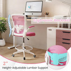 COSTWAY Drafting Chair, Tall Office Chair with Flip-up Armrests & Adjustable Foot Ring, High Back Computer Standing Desk Chair with Ergonomic Lumbar Support, Breathable Mesh (1, Pink)