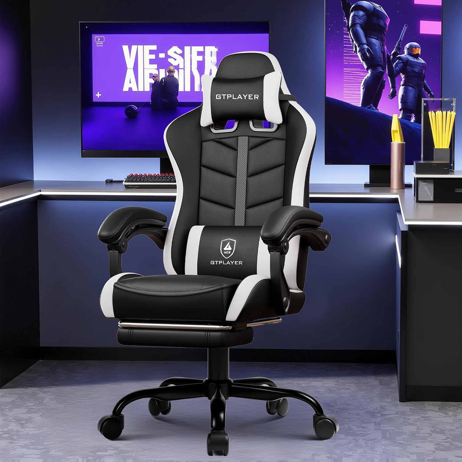 GTPLAYER Gaming Chair for Adults, Ergonomic Computer Gaming Chair with Footrest, Height Adjustable, 90-155° Recline & Removable Headrest Lumbar Support, White