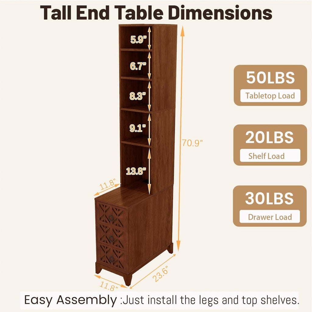 Wood Tall Nightstand with Charging Station, 70.9" Tall End Table with 3 Storage Drawers and 4 Open Shelves, Narrow Slim Sofa Side Table for Small Spaces, Living Room, Bedroom,Corner, Walnut
