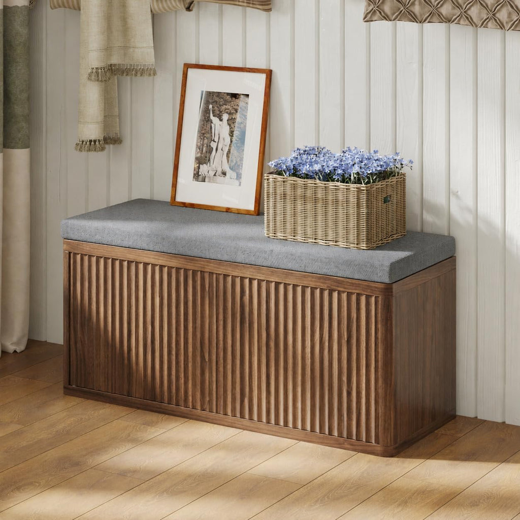 Shoe Cabinet Bench with Cushion,Double Layered Wooden Shoe Bench with Soft Cushion,Shoe Rack for Entryway,Bedroom,Living Room (Walnut Sturdy Entryway Bench)