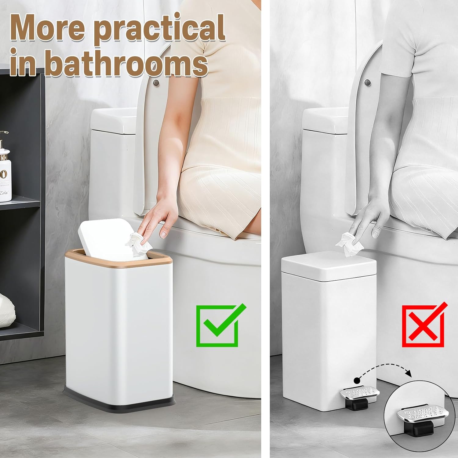 2.1 Gal Slim Bathroom Trash Can with Swing Lid, Rustproof Stainless Steel Small Garbage Can for Narrow Spaces & Toilet Side, Dog Proof Odor Control Waste Basket for Bedroom/Office, White