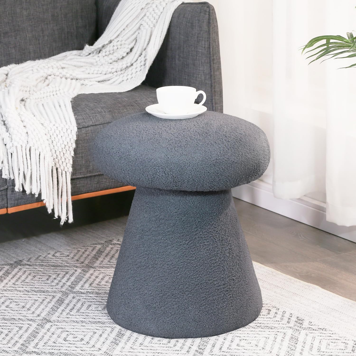 Homebeez Mushroom Ottoman Foot Stool, 18 inch Teddy Fleece Small Footrest, Round Sherpa Pouf for Living Room, Bedroom, Cute Modern Accent Seating, Slate Gray