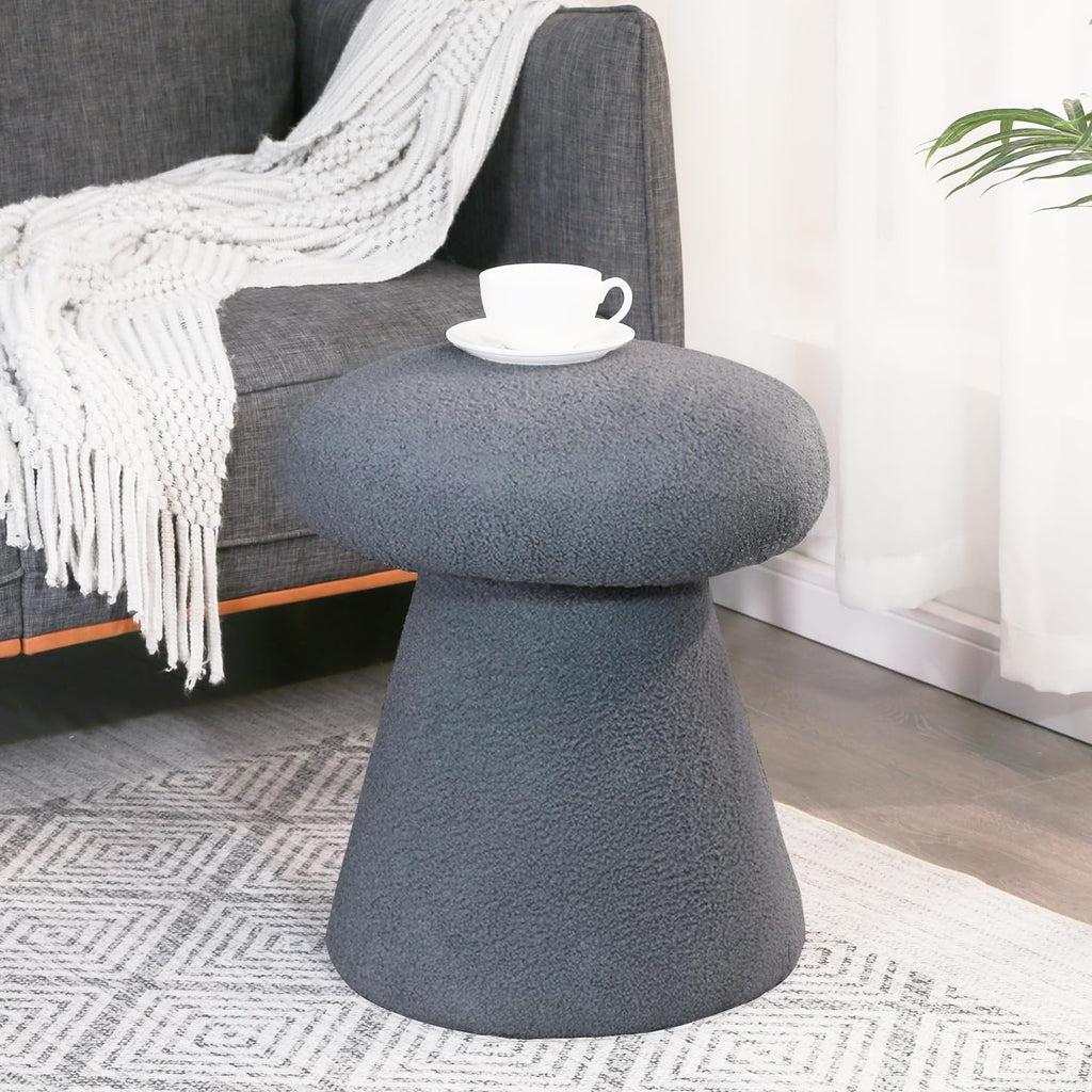 Mushroom Ottoman, 18” Boucle Foot Stool for Living Room & Bedroom, Cute Vanity Stool, Accent Footrest for Entryway, No Assembly Required, Gray