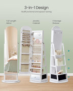 SONGMICS 360° Swivel Jewelry Cabinet, Full-Length Arched Mirror with LED Lights, Magnifying Mirror, Storage Shelves, Drawer, Cloud White UJJC030WB01