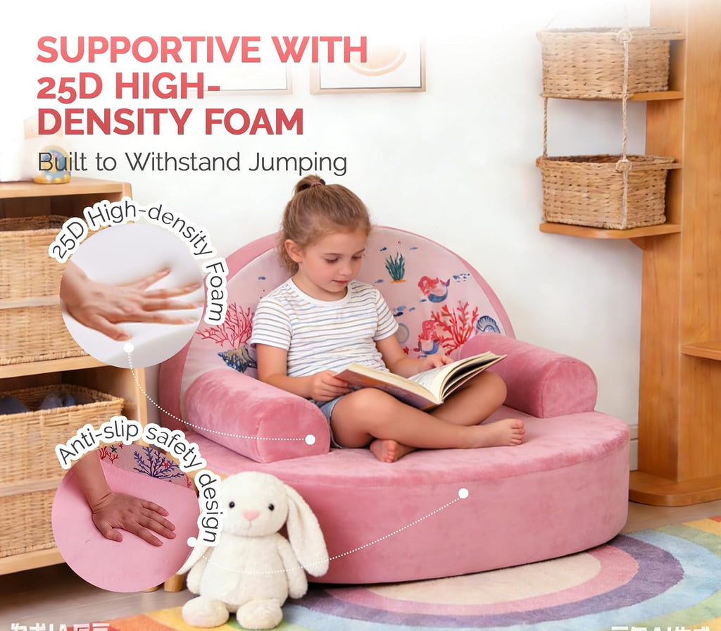 Snuggly Toddler Chair, Soft Kids Sofa with Back, Cozy Kids Couch Comfy for Toddlers 1-3, Plush Child Seat with Carry Handle, Kids Furniture Gift for Girls & Boys (Pink Mermaid)