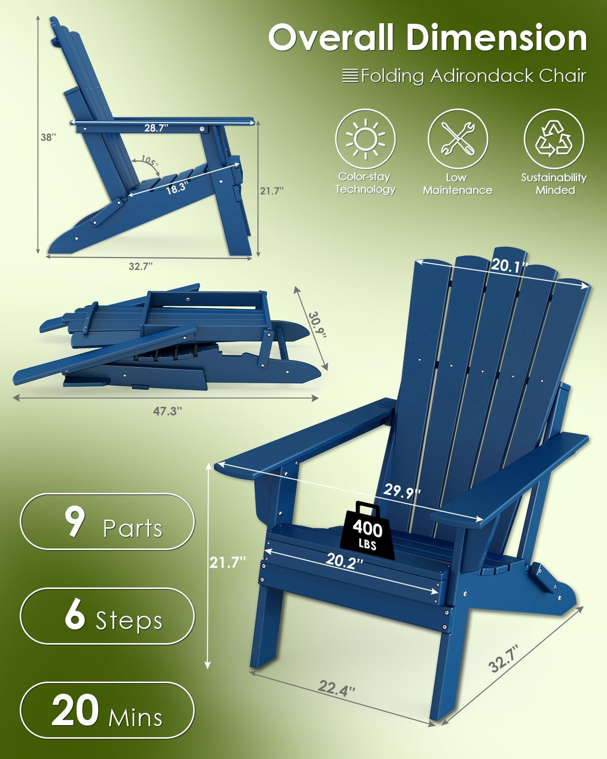 GREENVINES Folding-Adirondack-Chairs-Set-of-2 | HDPE Plastic | Throne Series | Fire Pit Chair | All Weather | for Outdoor Patio Deck Backyard Poolside | Blue